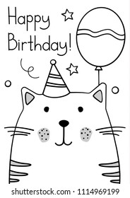 Doodle sketch cat Happy Birthday greeting card. Cartoon cat with bonnet and balloon vector Illustration. Hand drawn kitty party postcard. Pet. Domestic animal. EPS 10