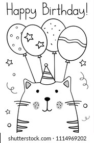 Doodle sketch cat Happy Birthday greeting card. Cartoon cat with bonnet and four balloons vector Illustration. Hand drawn kitty party postcard. Pet. Domestic animal. EPS 10