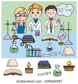 doodle sketch chemistry lesson. Simple flat illustration of children in chemistry room with devices, reagents. Game find an object