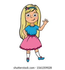  Doodle sketch child girl waving. Simple flat illustration 