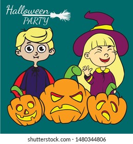  Doodle sketch of children in vampire and witch costumes. Illustration with pumpkins. Halloween party poster.