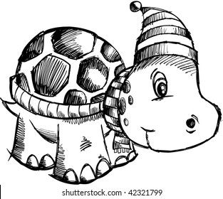   Doodle Sketch Christmas Holiday turtle Vector Illustration