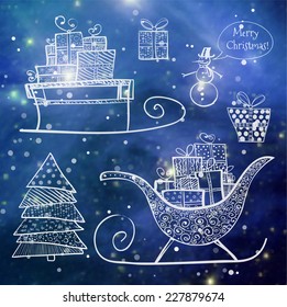  Doodle sketch Christmas objects on blurred glowing background. . Sleighs, gift boxes, snowman, Christmas tree. Elements of this image furnished by NASA. 