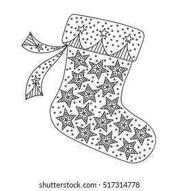 Doodle sketch of Christmas sock in black and white stars zentangle design. Coloring book for adult and older children. Hand drawn vector illustration.  