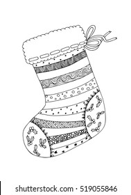 Doodle sketch of Christmas sock in black and white zentangle design.