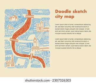 Doodle sketch city map  illustrations river, building and street