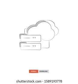 Doodle sketch of cloud hosting concept on white background. cloud hosting doodle art. Cartoon vector illustration. Isolated sketch line art. Icon in hand drawing design style.