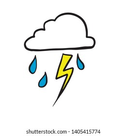 Doodle sketch cloud with lightning and rain, cartoon drawing of a thunderstorm on a white background.