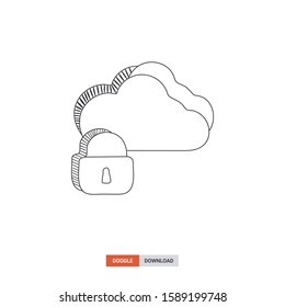 Doodle sketch of Cloud with padlock concept on white background. Cloud with padlock doodle art. Cartoon vector illustration. Isolated sketch line art. Icon in hand drawing design style.
