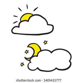 Doodle sketch cloud with sun and cloud with month, cartoon drawing day and night, weather on white background