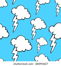 Doodle sketch of clouds and lightning. Seamless vector texture
