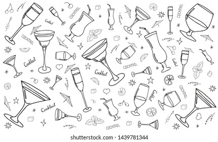 Doodle sketch cocktails and alcohol drinks in glass.Hand drawn vector illustration isolated on white backdrop.Useful for packaging,menu design,interior decoration,coloring book template