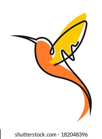 Doodle sketch of a colorful flying hummingbird logo in yellow and orange with outspread wings and a long curviong beak, side view