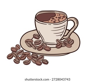 Un boceto de una taza de café con frijoles tostados en un platillo. Ideal para menús de cafetería, postes de blog, empaques y materiales de marketing relacionados con el café en general.