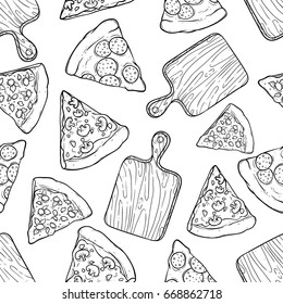 doodle or sketch cutting board with kind of delicious pizza slice in seamless pattern