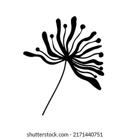 Doodle sketch dandelion seeds. Silhouette of a dandelion with flying seeds. Black contour of a dandelion. Black and white illustration of a flower. Summer plant.
