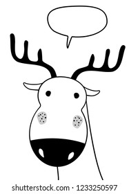 Doodle sketch Deer with chat cloud vector illustration. Cartoon Moose. Talking bubble. White. Wild mammal animal. Postcard, poster, card design. Hand drawing. Good for print design, shirts. EPS 10