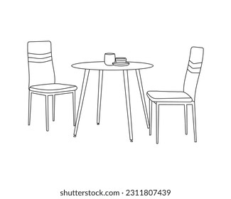 Doodle sketch of Dining set. Line drawing Chairs and Table with white background