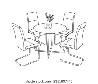 Esbozo de Doodle de Dining set. Sillas de dibujo de línea y tabla con fondo blanco