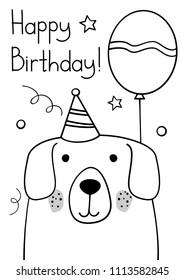 Doodle sketch dog Happy Birthday greeting card. Cartoon dog with bonnet and balloon vector Illustration. Hand drawn puppy party postcard. Pet. Domestic animal. EPS 10