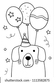 Doodle sketch dog Happy Birthday greeting card. Cartoon dog with bonnet and three balloons vector Illustration. Hand drawn puppy party postcard. Pet. Domestic animal. EPS 10