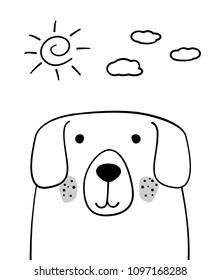 Doodle sketch Dog with sun and clouds vector illustration. Cartoon dog, pet. Doodle style. Domestic animal. Postcard, poster design. Hand drawing. Good for print design, shirts. EPS 10