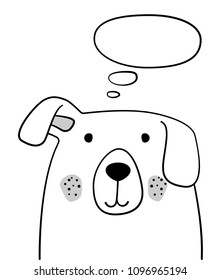 Doodle sketch Dog with thought cloud illustration. Cartoon dog with raised ear and thinking bubble. Pet. Domestic animal. Postcard, poster design. Hand drawing. Design for print design, shirts. EPS 10