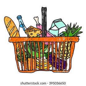 Doodle sketch drawing with a basket of groceries from the supermarket