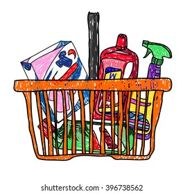 Doodle sketch drawing with a basket of groceries from the supermarket vector illustration