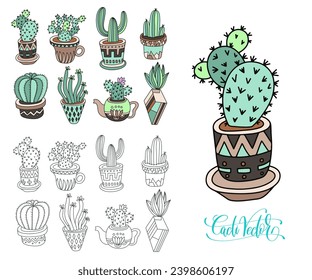 doodle sketch drawing flat style of house plants - flowerpots with cacti, vector illustration