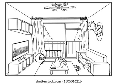 Doodle sketch drawing of room design. Frontal perspective.  Hand drawn room interior sketch. Vector illustration isolated on white background.