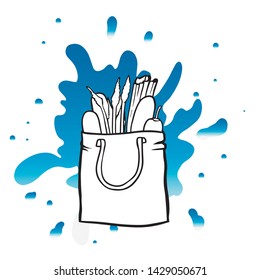  doodle sketch eco bag with vegetables, cartoon drawing on a white background