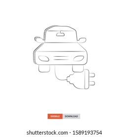 Doodle sketch of electro car concept on white background. electro car doodle art. Cartoon vector illustration. Isolated sketch line art. Icon in hand drawing design style.