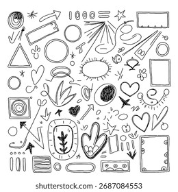 Doodle Sketch Element Collection, Hand Drawn Vector Frame and Icon Set
