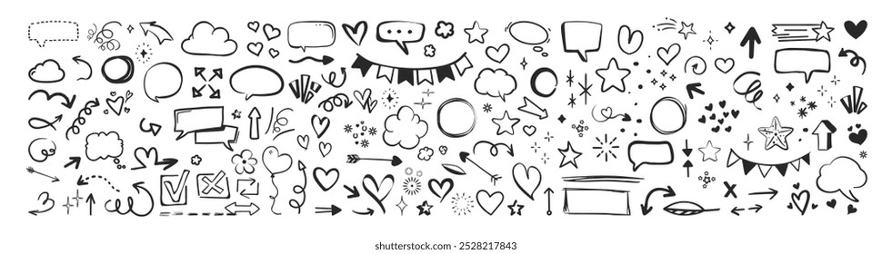 Doodle esboço conjunto de elementos, seta, estrelas, flores, sol, nuvem. Elementos de rabiscar desenhados à mão isolados em plano de fundo transparente