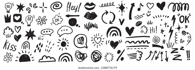 Doodle sketch element set, vector graphic hand drawn line shapes, arrow, stars, flowers, sun, cloud. Simple emotion sign kit, idea bulb, vignetting speech bubble, black emphasis. Ink doodle element