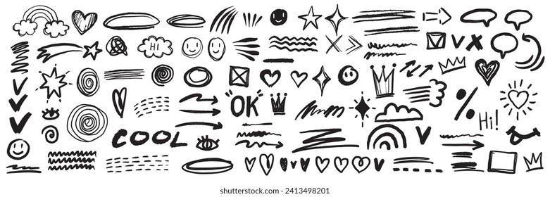 Doodle sketch element set, vector hand drawn graphic line shapes, arrow, hearts, underline. Simple squiggle kit, crown, stars, vignetting speech bubble, grunge scribble. Ink doodle element, check mark