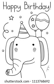 Doodle sketch elephant Happy Birthday greeting card. Cartoon elephant with bonnet and two balloons vector Illustration. Hand drawn party postcard. Wild mammal animal. EPS 10