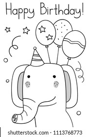 Doodle sketch elephant Happy Birthday greeting card. Cartoon elephant with bonnet and three balloons vector Illustration. Hand drawn party postcard. Wild mammal animal. EPS 10