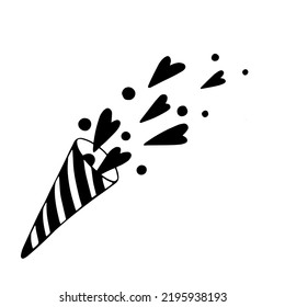 Esbozo de doodle de un cracker festivo con confeti volador, una aerodinámica en forma de cardiología.Gráficos vectores.