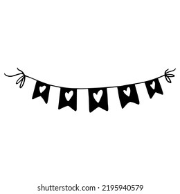 Doodle sketch of festive flags,garlands with hearts.Vector graphics.