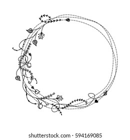 Doodle sketch floral frame with wild sprigs. Bohemia concept for wedding invitation