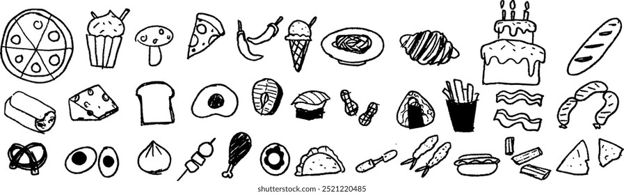 Doodle esboçar conjunto de comida para adesivo, ícone e muito mais. Arte em linha preta, símbolo, silhueta, giz de cera, lápis de cera, criança, desenho infantil, tempura, peixe, sorvete, pizza, taco, burrito, ovo, ovo cozido