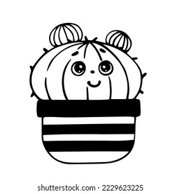 Doodle sketch of funny cactus character,kawaii succulent plant in a flower pot.Vector graphic.