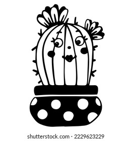 Doodle sketch of funny cactus character,kawaii succulent plant in a flower pot.Vector graphic.