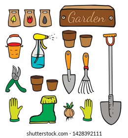  doodle sketch garden tools on white background, cartoon drawing inventory