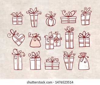 Doodle sketch gift boxes on vintage background