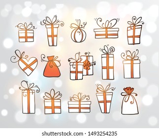 Doodle sketch gift boxes on white glowing background
