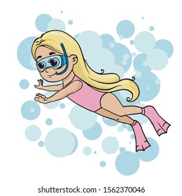  doodle sketch girl in a pink bathing suit swims underwater. 