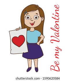  Doodle sketch girl with postcard. Simple, flat illustration for greeting card for valentines day. 